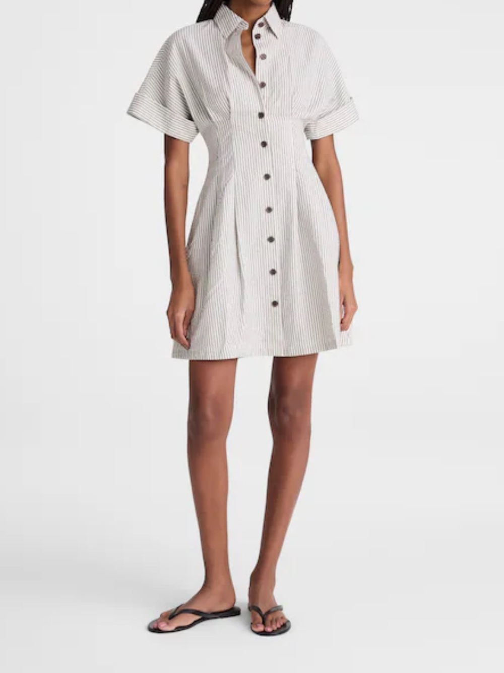 Madewell Cream and Black Pinstripe Button-Front Fit-and-Flare Dress